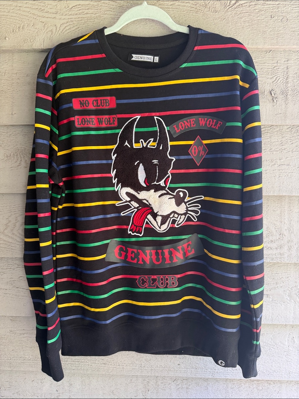 Genuine Merchandise Black Striped Crewneck with Lone Wolf Patch